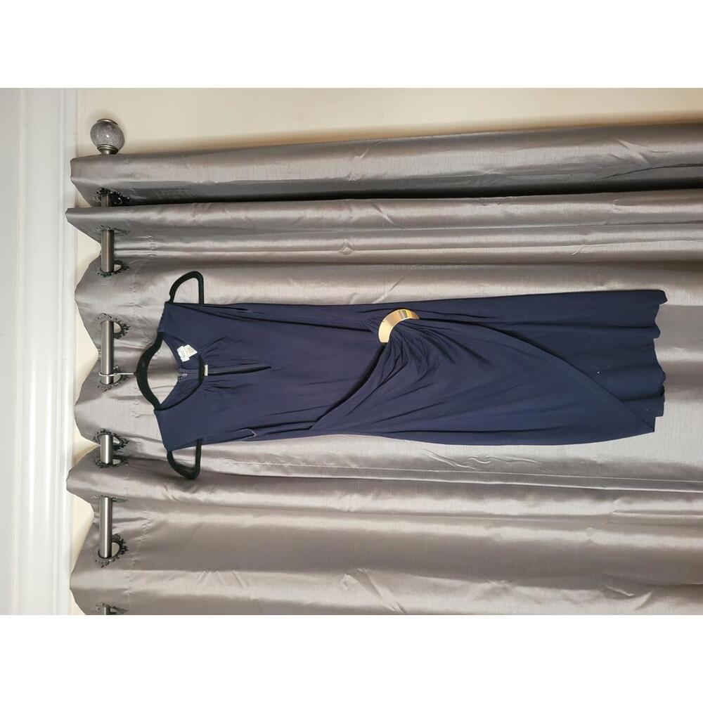 Navy Blue Sleeveless Midi Dress with Gold Accent